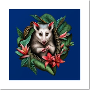 North American Opossum Surrounded By Carolina Lily Tattoo Art Posters and Art